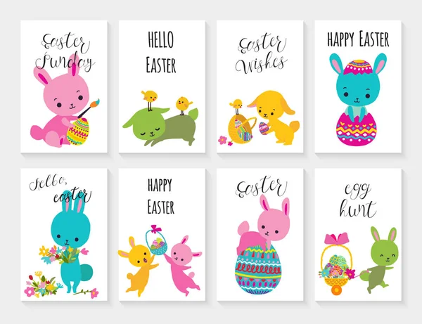 Пасхальные открытки для детей с яйцом кролика — стоковый вектор