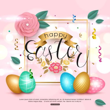 Paskalya pembe kağıt gül çiçek, şerit, yumurta ve konfeti ile. Vektör çizim