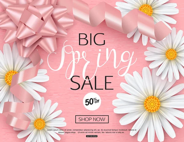 Modelo de banner de venda de primavera com flor de margarida para compras online de mulheres, ilustração vetorial . —  Vetores de Stock