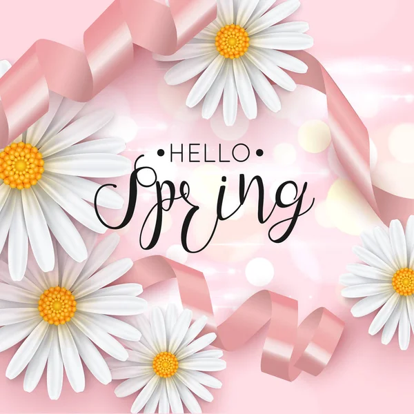 안녕하세요 데이지 꽃과 봄 분홍색 배경, 벡터 일러스트. — 스톡 벡터