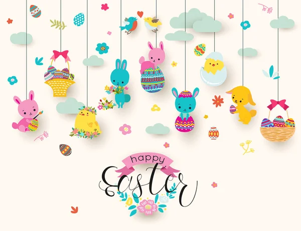 Pâques fond de vacances avec lapin suspendu, oeuf, panier, nuages, illustration vectorielle — Image vectorielle
