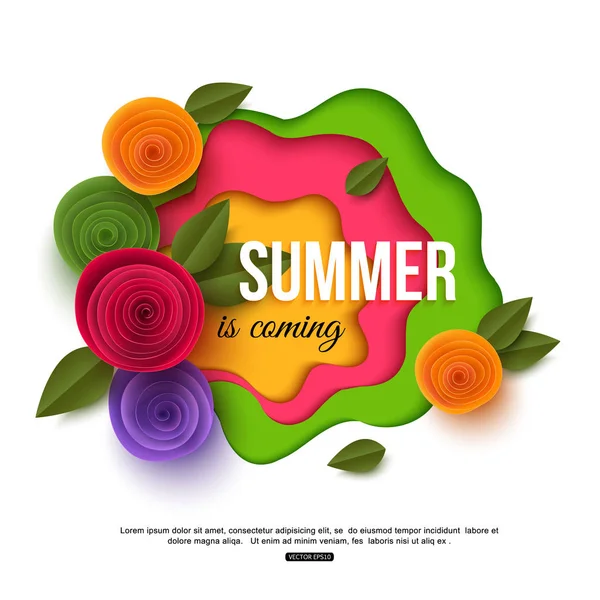 Fondo colorido de verano con diseño tipográfico y elementos florales. Estilo de corte de papel vectorial, formas para la venta banner, cartel, sitio web — Vector de stock