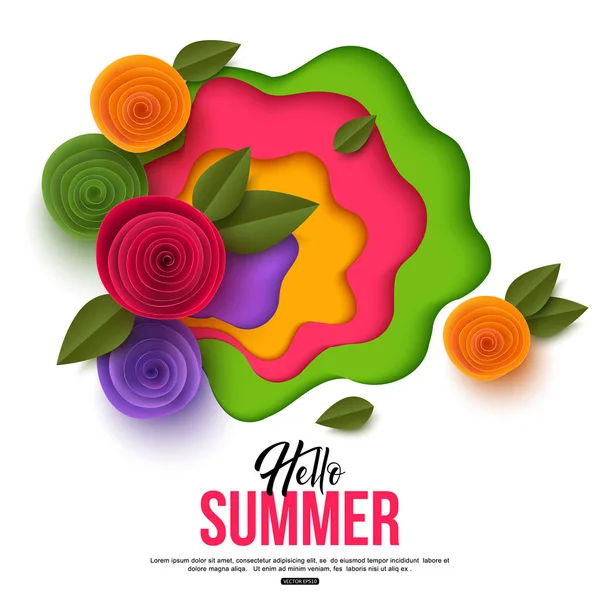 Hola fondo colorido de verano con diseño tipográfico y elementos florales. Estilo de corte de papel vectorial, formas para la venta banner, cartel, sitio web — Vector de stock