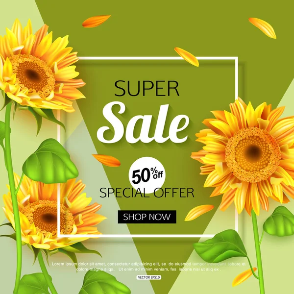 Sommar försäljning banner mall med solros, vektorillustration — Stock vektor