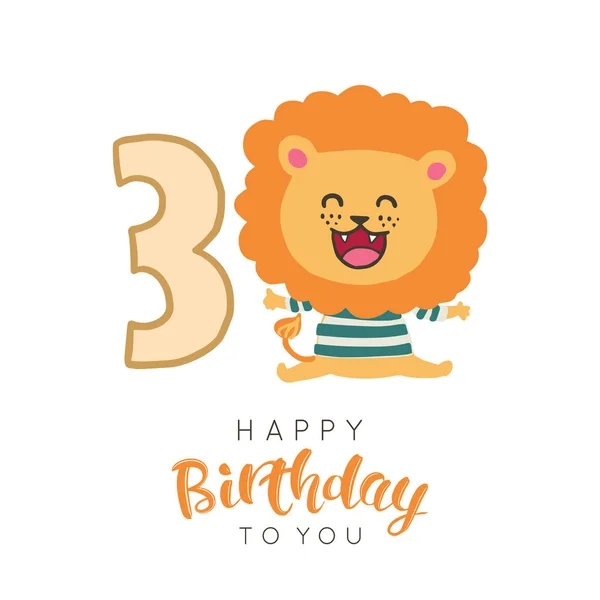 Vektoros illusztráció: Boldog szülinapot szavak és aranyos kis oroszlán szentelt harmadik születésnapi üdvözlőlap. — Stock Vector