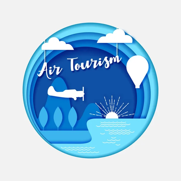 Travel and tourism concept landscape, airplane, balloon. Cut paper style, vector illustration. — Stock Vector