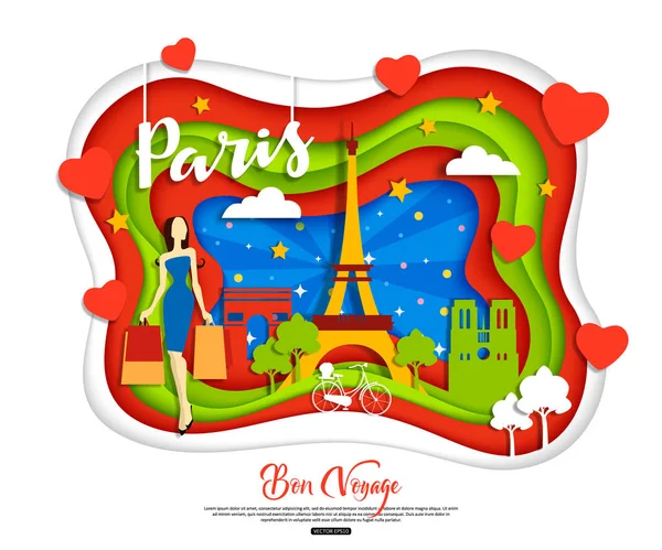 巴黎，法国。旅行和旅游的概念与女人购物，风景，夜晚的天空，目光。切纸的风格，矢量图. — 图库矢量图片