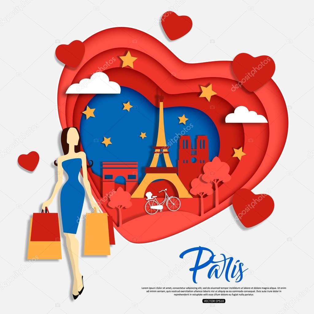 Paris, France. Travel and tourism concept with woman shopping, landscape, night sky, sights. Cut paper style, vector illustration.