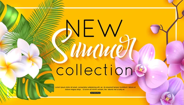 New summer collection banner design with tropical flowers and foliage, vector illustration — Stock Vector