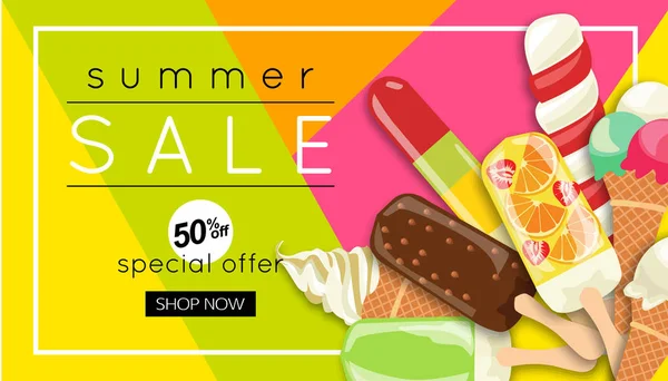 Trendy summer sale banner design with ice cream, vector illustration — Stock Vector