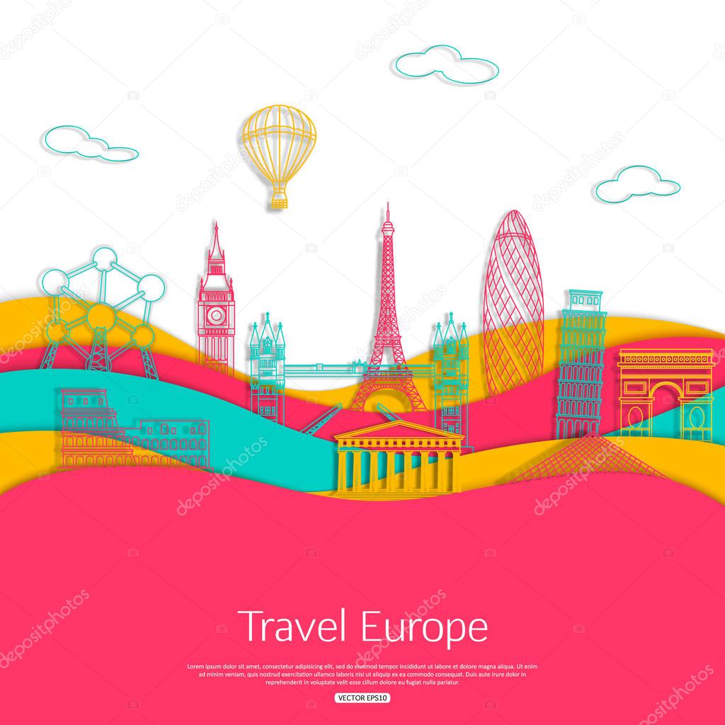 Europe skyline detailed silhouette, travel poster, vector illustration