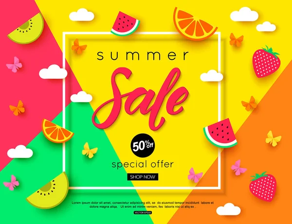 Summer Sale banner with pieces of ripe fruit, berries on colorful background. Vector eps 10 format — Stock Vector