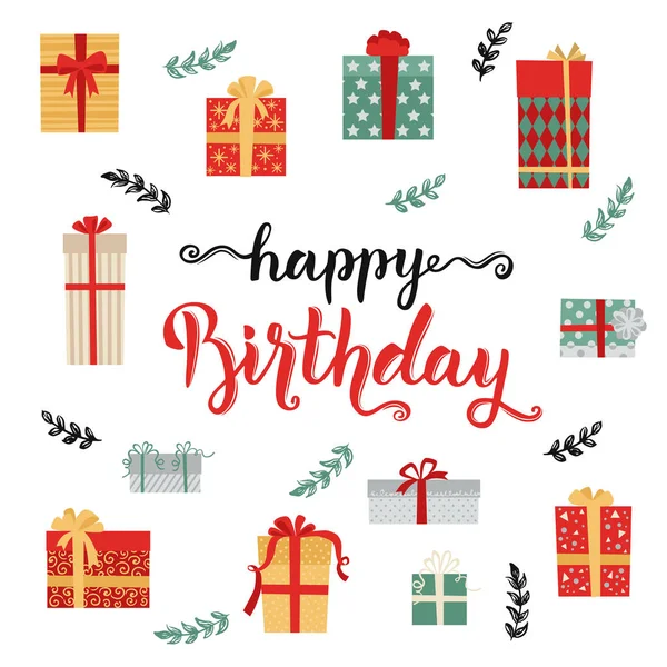 Feliz cumpleaños escrito a mano moderno cepillo de letras con patrón de cajas de regalo para tarjeta de felicitación, banner o póster. Ilustración vectorial . — Archivo Imágenes Vectoriales