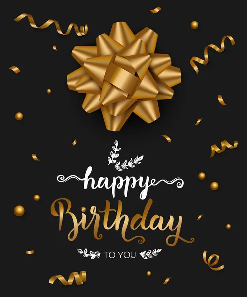 Happy Birthday background with handwritten brush calligraphy, gold bow and confetti. Vector illustration — Stock Vector