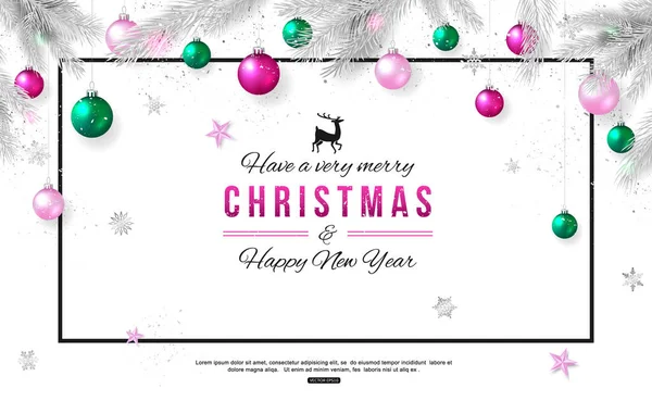 Buon Natale e felice anno nuovo sfondo. Elegante ramo d'argento decorazione di Natale e appeso palle rosa e verdi, stelle e fiocchi di neve, illustrazione vettoriale . — Vettoriale Stock
