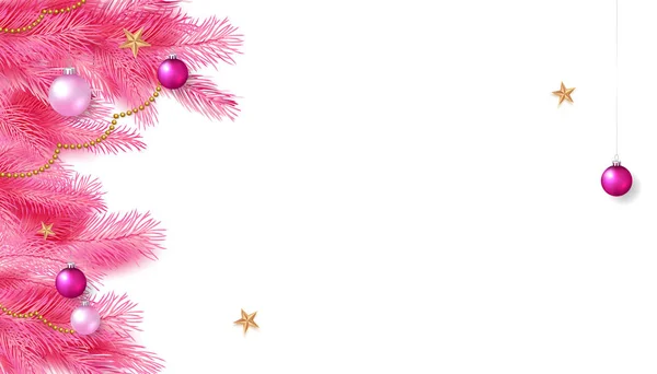 Composition de Noël. Cadre avec branches de sapin rose, boules de Noël, étoiles d'or. Illustration vectorielle . — Image vectorielle