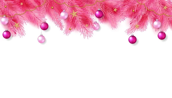 Composición navideña. Marco con ramas de abeto rosa, bolas de Navidad, estrellas de oro. Ilustración vectorial . — Vector de stock