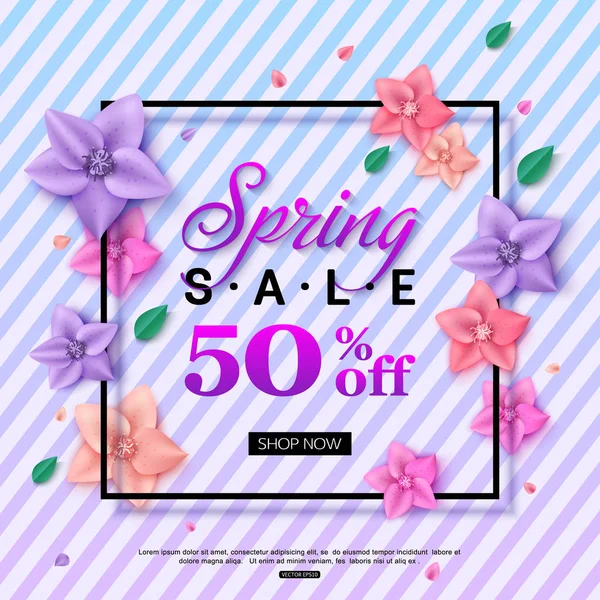 Diseño de banner Spring Sale con flores violetas de tendencia sobre fondo rayado, ilustración vectorial — Vector de stock