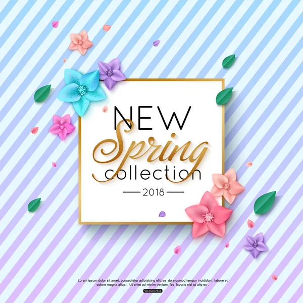 Bahar yeni koleksiyonu arka plan online alışveriş renkli çiçekler ve yapraklar reklam broşür, afiş, poster, çizgili arka plan üzerine dekore edilmiştir. Vektör çizim — Stok Vektör