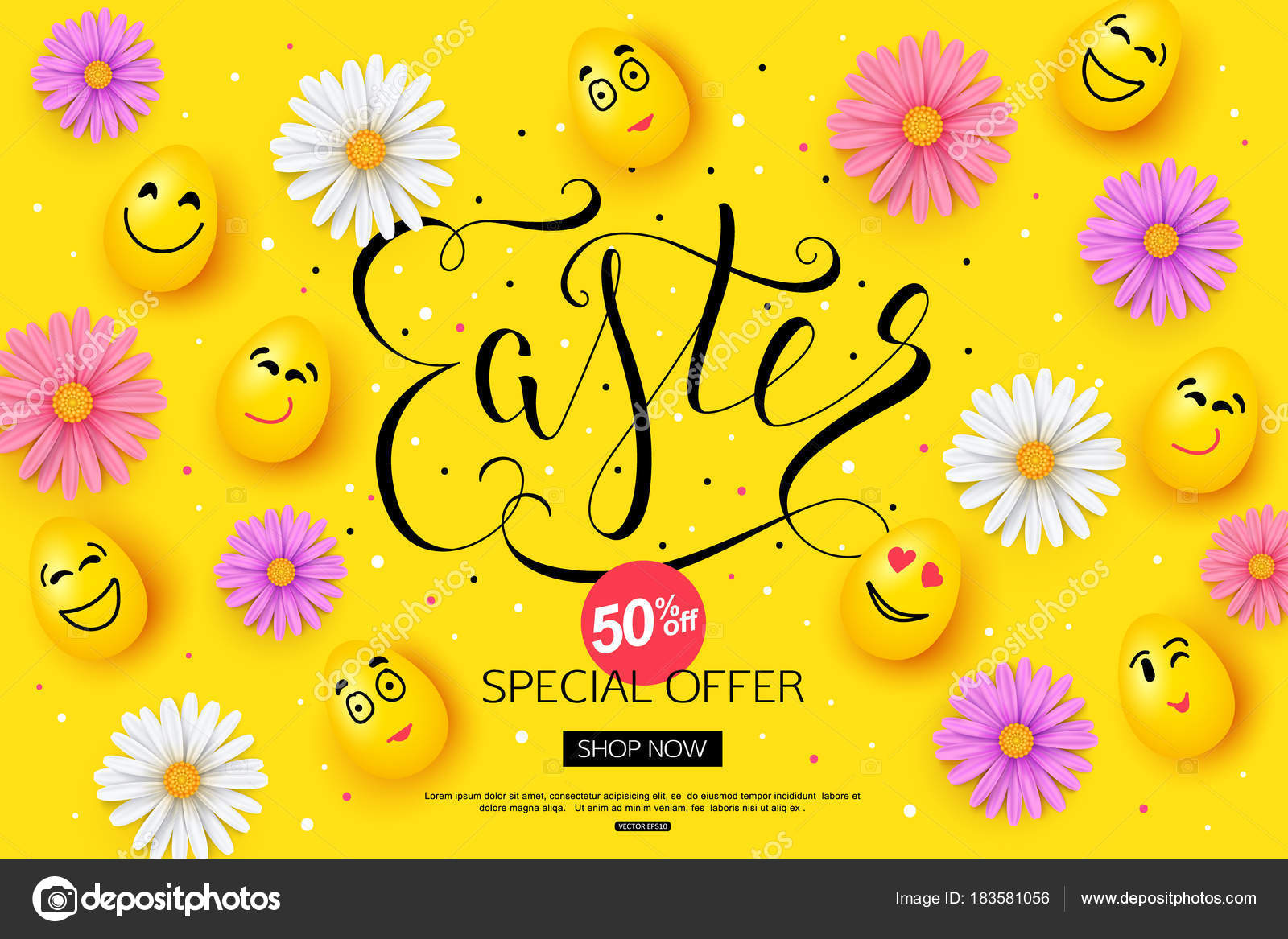 Disegno ban ra di vendita di Pasqua con fiori di camomilla primavera colorata e faccia delle uova