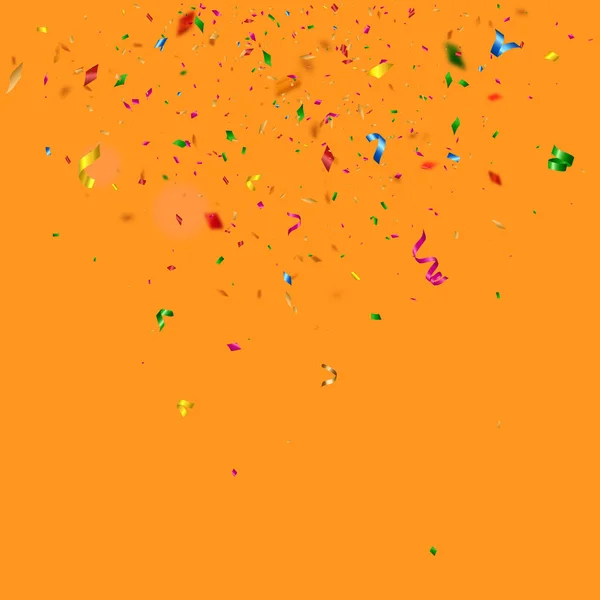Färgglada konfetti faller på orange bakgrund, vektorillustration — Stock vektor