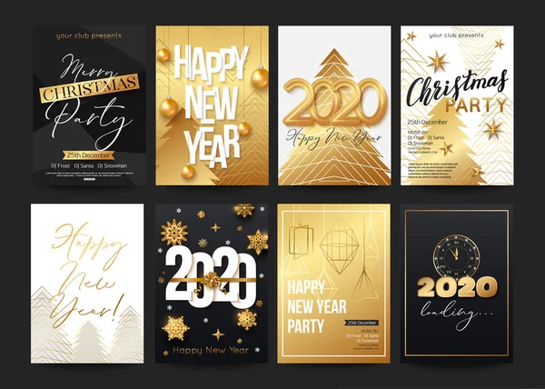 Posters set for 2020 New Year with decorative elements Christmas balls, tree, gold stars, snowflakes and shiny particles. Vector illustration — Stock Vector