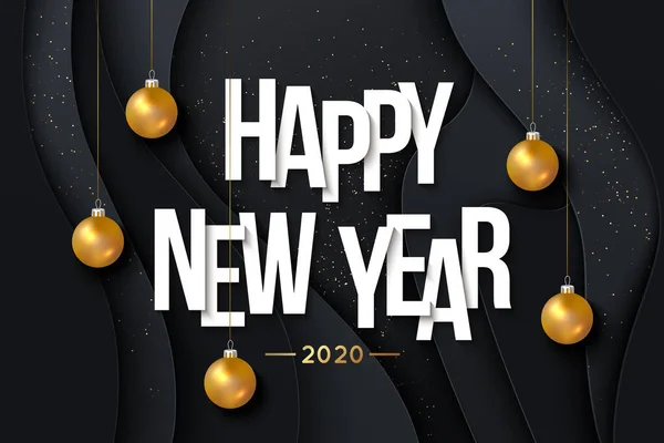 2020 Gott nytt år bakgrund med hängande guld bollar. Vektorillustration — Stock vektor