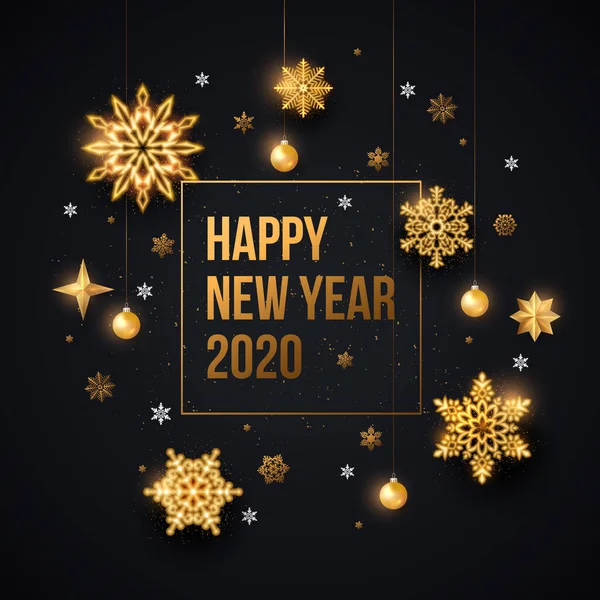 2020 Gott nytt år bakgrund med guld snöflingor, stjärnor och hängande bollar. Vektorillustration — Stock vektor
