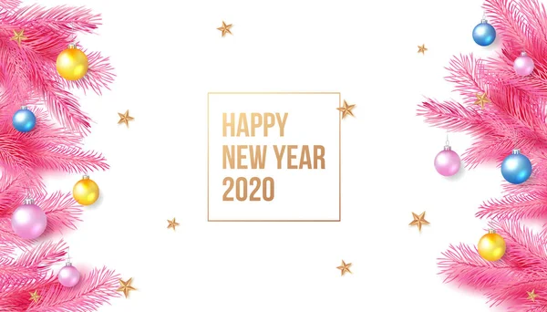 Vector illustration of merry christmas or happy new years 2020 with colorful balls, gold stars and branches of spruce — Stock Vector