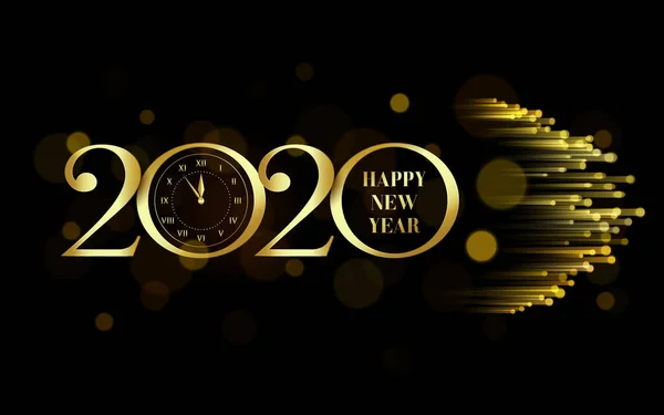 Nuevo año 2020 logotipo de diseño de texto con luces de oro, bokeh, reloj sobre fondo negro. Ilustración vectorial — Archivo Imágenes Vectoriales