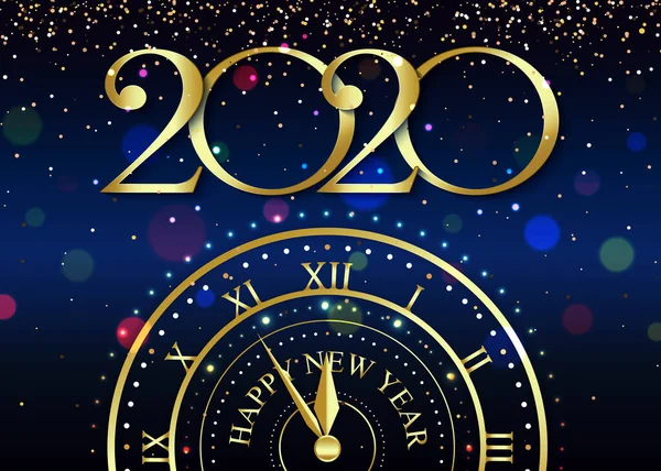 新的2020年标志文字设计与黄金火花,时钟蓝色背景. 矢量说明 — 图库矢量图片