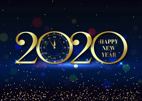 Nyår 2020 logo text design med guld gnistor, klocka på blå bakgrund. Vektorillustration — Stock vektor