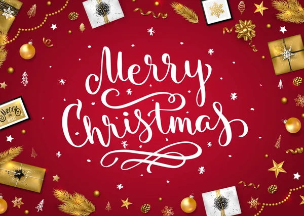 Caja de regalo de Navidad, bola, cono y rama de árbol, serpentina, cinta y copo de nieve sobre fondo rojo. Ilustración vectorial — Vector de stock