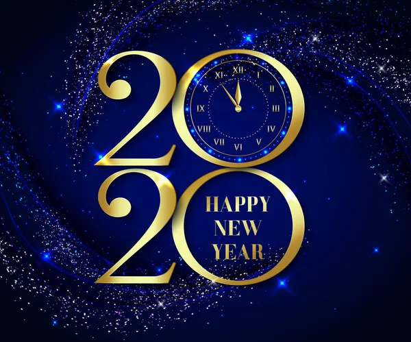 Új év 2020 logó szöveges design arany szikrák, óra kék háttérrel. Vektorillusztráció Stock Illusztrációk