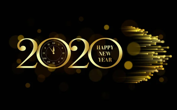 Nouvelle année 2020 logo conception de texte avec des lumières dorées, bokeh, horloge sur fond noir. Illustration vectorielle Vecteur En Vente