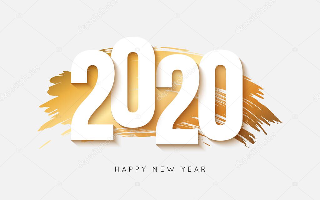 New Year 2020 logo text design with gold brush stroke. Paper style. Vector illustration