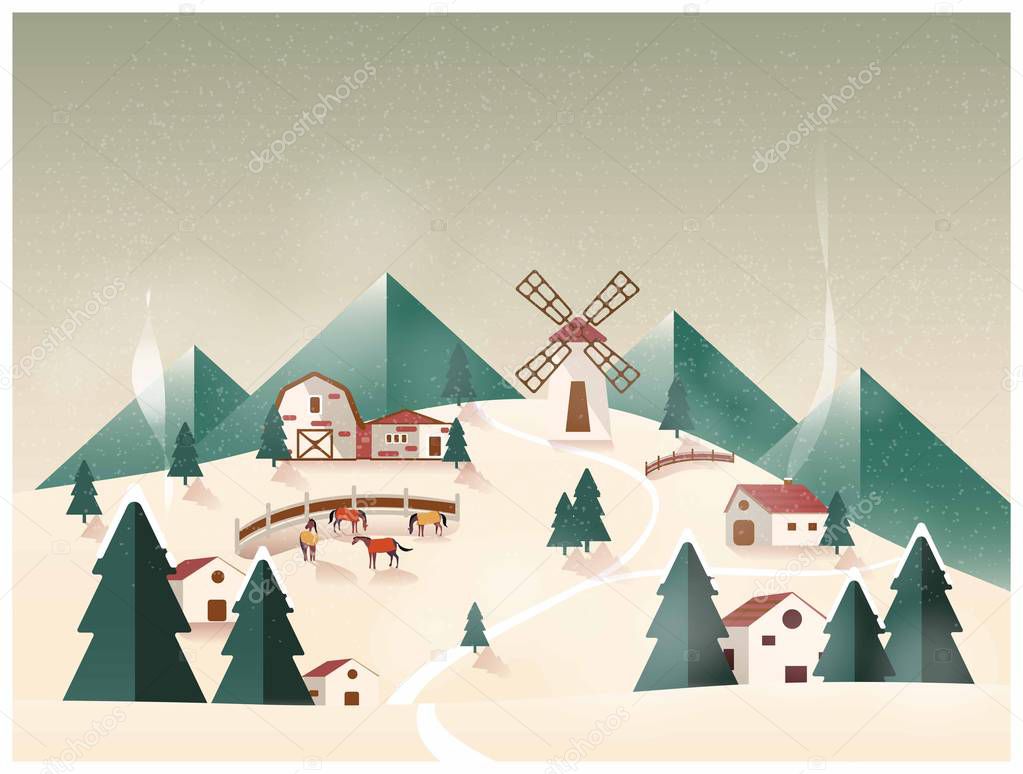 Minimal countryside farm in the winter.Horses farm or horse ranch with barn,windmill and pine tree on the hill or forest.Image with noise and grainy.Concept of minimal farm in the winter.Retro color.