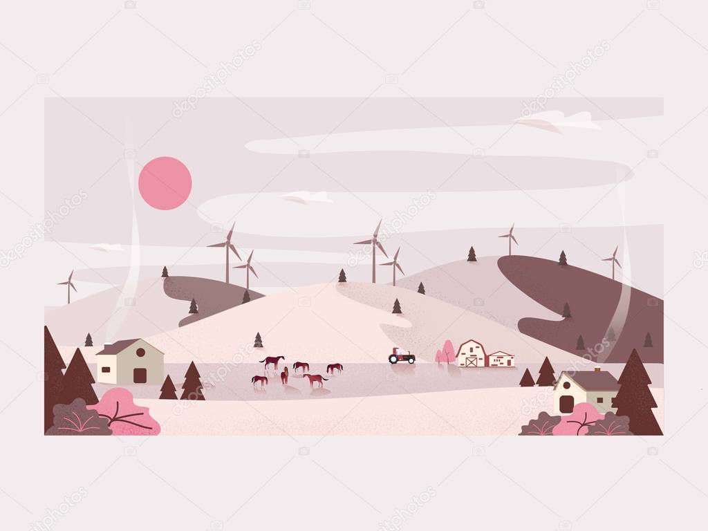 Vector illustration of the countryside farm.Horse ranch with barn and wind turbine.Concept of an organic farm or modern agriculture. 