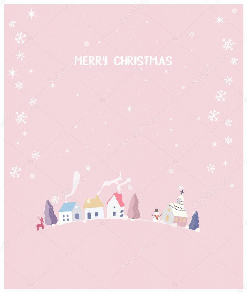 Vector illustration of a Christmas winter landscape postcard.Retro pastel pink color tone.Wonderland colorful village with  hut ,snowman and deer.Minimal winter concept with noise and grainy.