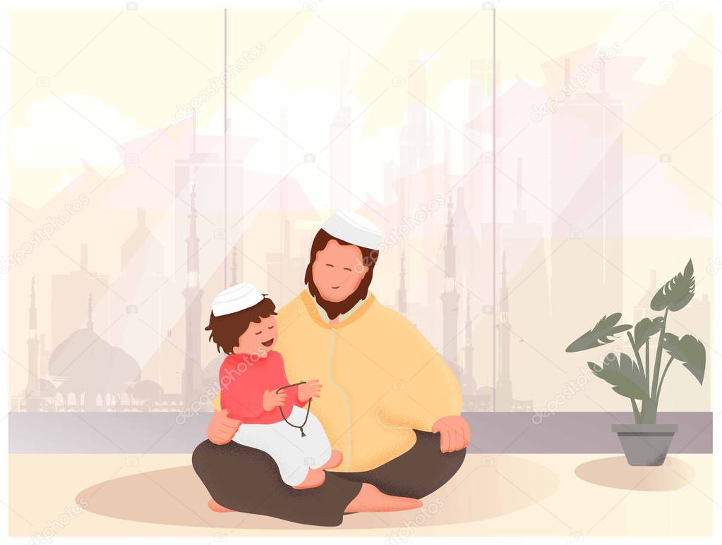 Vector illustration of religious Muslim Man teaching his little son to pray to God with rosary at home.Peaceful and Marvelous warm climate.Modern Muslim concept. 