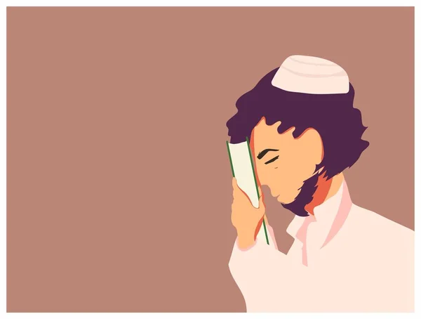 Vektor Illustration Muselman Ung Man Hållande Quran Eller Koranen Efter — Stock vektor