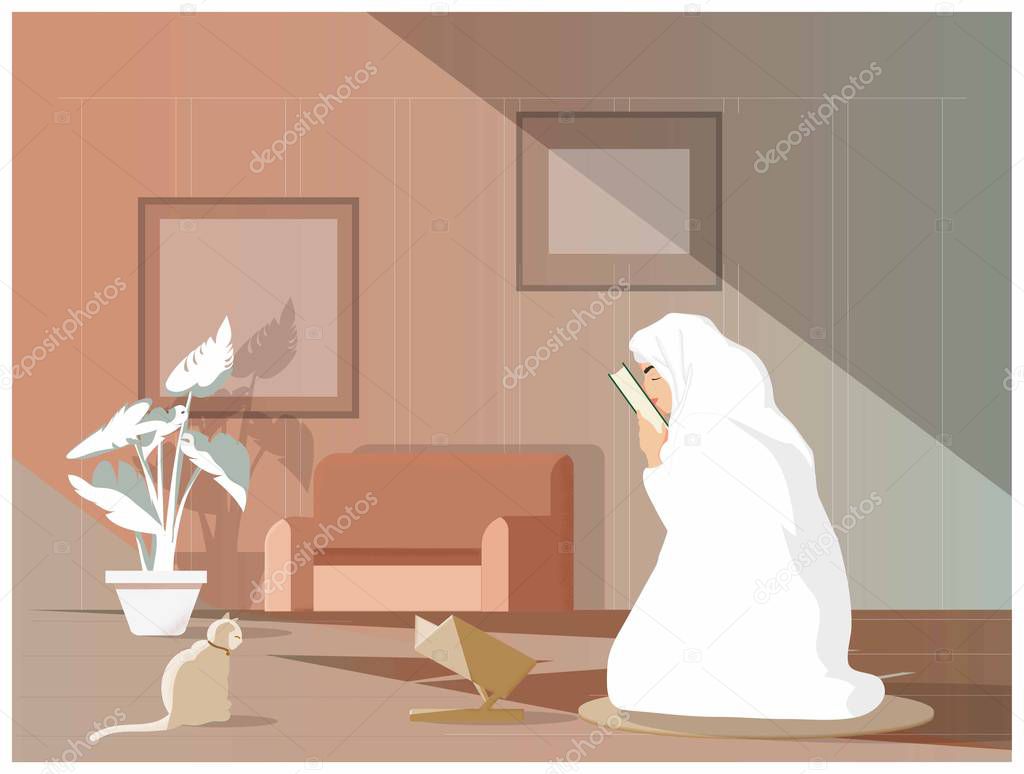 Vector illustration of young Muslim girl kisses the Quran or Koran after study Islam. Traditional Muslims always studying or learn Islam following the tradition of Muhammad.Concept of Modern Muslim. 