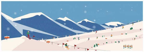 冬の冒険 アルプス モミの木 スキーリフト 山の登山の冒険の広いパノラマの背景 冬のWebバナーデザイン フラット 冬のアクティビティのコンセプト ベクトルイラスト — ストックベクタ