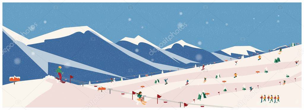 Wide panoramic background of winter adventure, Alps, fir trees, ski lift, mountains Mountaineering adventure. Winter web banner design. Flat.Winter activities concept, vector illustration.