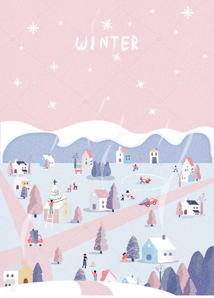 Vector illustration of a Christmas winter landscape postcard.Retro pastel pink color tone.Wonderland colorful village with hut, snowman, and deer.People happy with the noise and grainy.