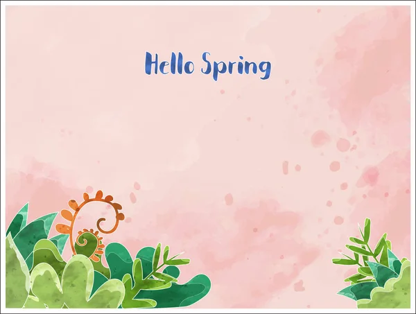 Wektorowa Ilustracja Wiosennego Tła Tekstem Hello Spring Akwarela Kolorze Koralowym — Wektor stockowy