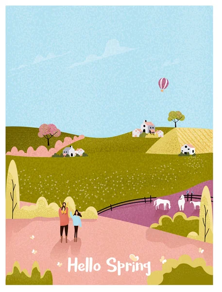 Vector Illustration Rural Farm Spring Summer Landscape Postcard Vintage Pink — 스톡 벡터