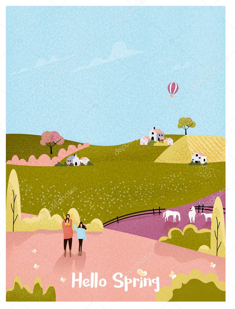  Vector illustration of a rural farm in spring or summer landscape postcard.Vintage pink and green color tone. Happy family with a kid in the natural farms in spring with noise and grainy.