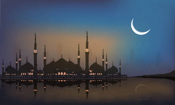 Holy Month Ramadan Cityscape Night Background View Mosque Moon Light — Stock Vector