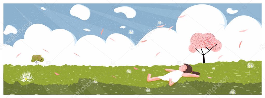vector illustration of the spring-summer scene. Little girl Lie on your back at the lawn or yard with a happy face. Windy, apple blossom and dandelion flower sweep away. Banner for spring and summer.